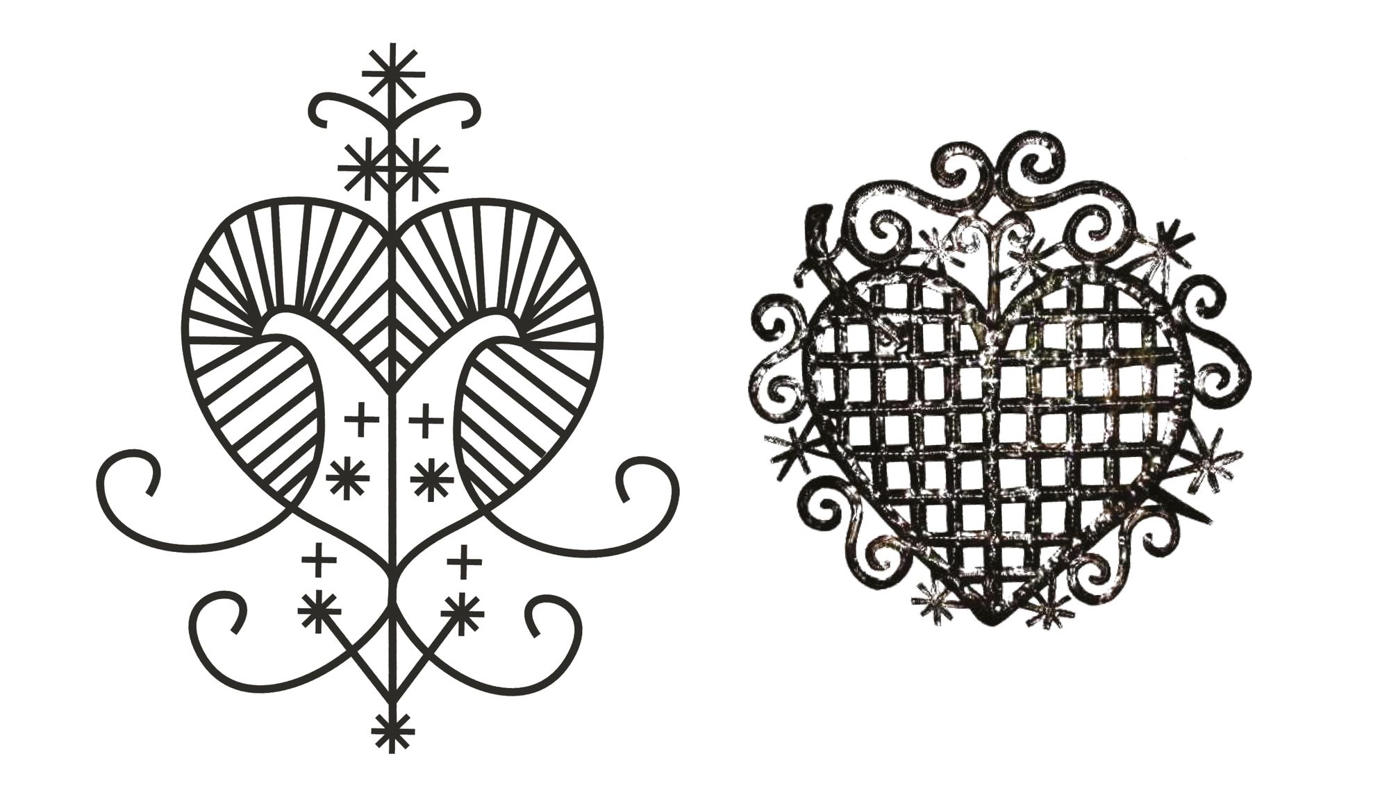 left: Vèvè representing the lwa Erzulie Freda - Public Domain‌‌; right: Vèvè representing the lwa Erzulie Dantor - ‘Oficinalis’, metal work, CC-BY-SA-4.0‌‌