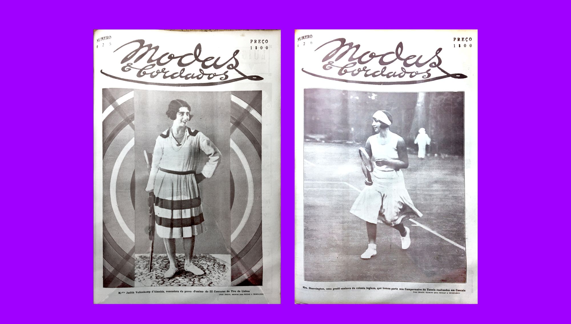 Two covers depicting women engaged in sports. On the left, the cover from October 16, 1929 shows Judith Vellenkamp d’Almeida, the winner of the Lisbon female target shooting competition; on the right, the cover from October 23, 1929 shows Ms. Shervington playing tennis in the championship held outside Lisbon.