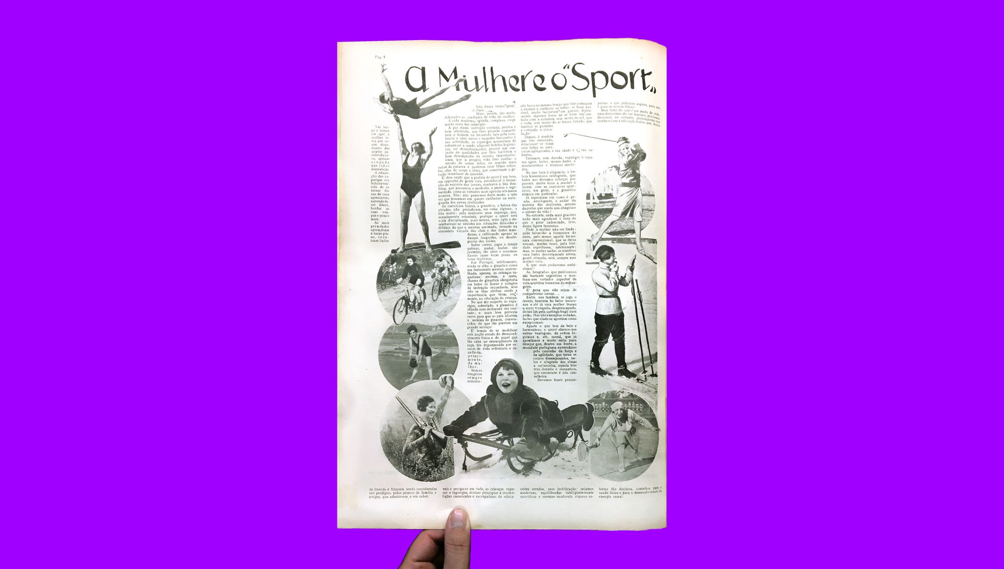 A page from an issue of Modas & Bordados in 1929, with the article “Women and Sport” showing women engaged in different physical activities