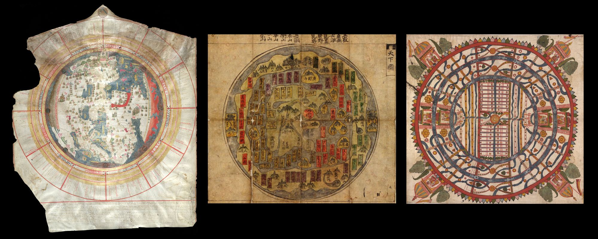 Left: A round map showing a lot of details. Cities and villages are illustrated with buildings. The map is framed by a calendar whose months are arranged radially around the card.  Middle: A circular map illustrated with mountains and trees. Right: A colorful circular map with a rectangular form in the middle and two ring-shaped forms on the outside. The map does not represent any geographical forms but is rather abstract.