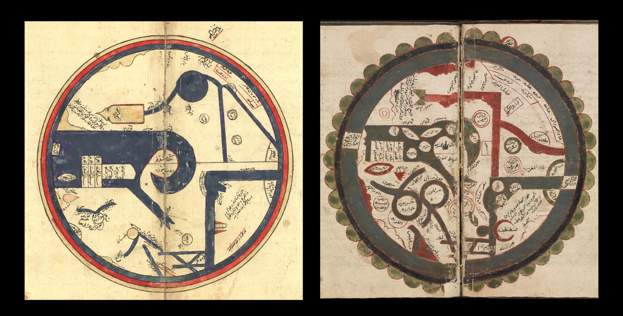Two spreads from the old manuscript, showing round maps. The illustrations are quite abstract and minimalistic, depicting geographical features in geometrical forms.