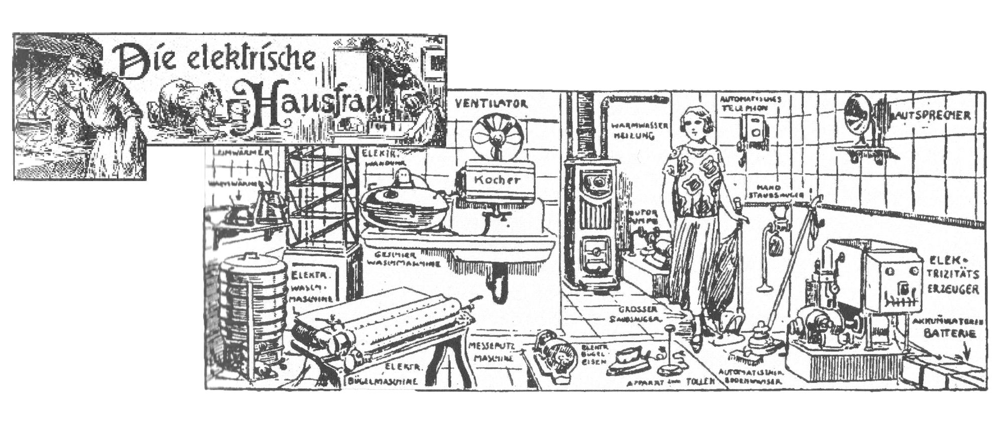 On the left: the lettering "the electrical housewife" surrounded by drawings of a woman in an apron and headscarf cooking on an open stove and scrubbing the floor on her knees. On the right: A drawing of a well-equipped kitchen with all imaginable household appliances. In the centre of the picture is a woman dressed in the modern style of the 1920s.  